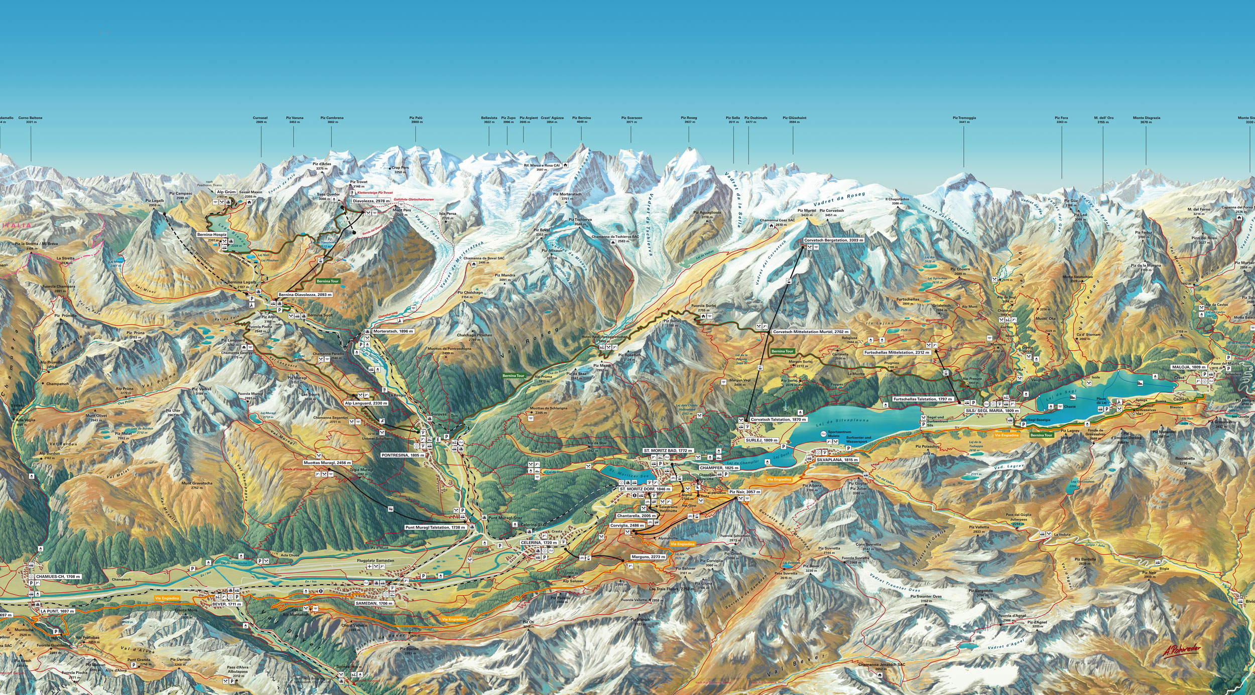 Engadin St. Moritz Sommer Panoramakarte Map