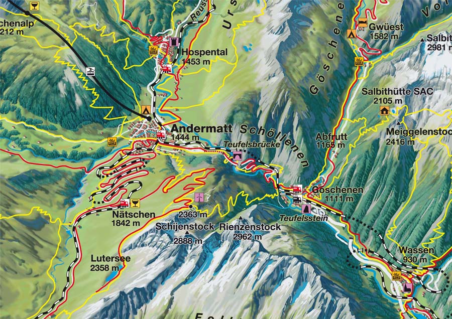 Panoramakarte Andermatt, Gotthard und Oberes Reusstal mit Bikerouten und Wanderwegen