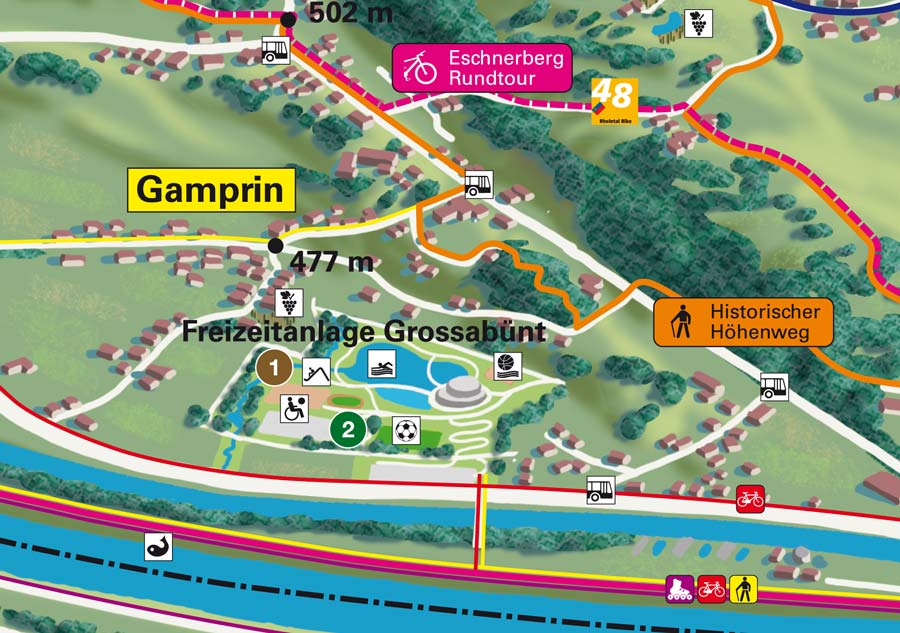 Gamprin - Eschen und Mauren - Freizeit-Panoramakarte vom Liechtensteiner Unterland