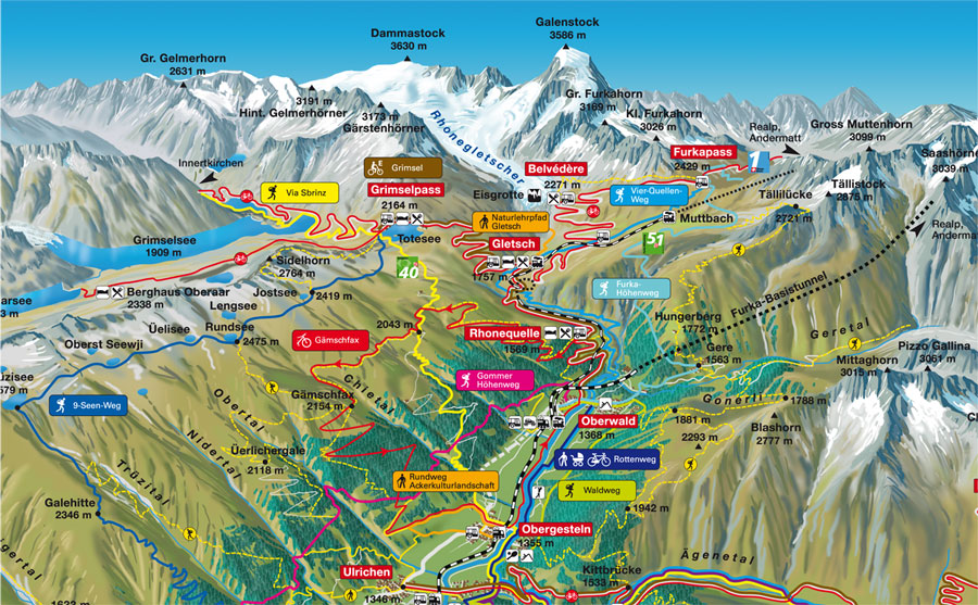 Oberwald, Grimselpass, Gletsch, Furkapass Panoramakarte