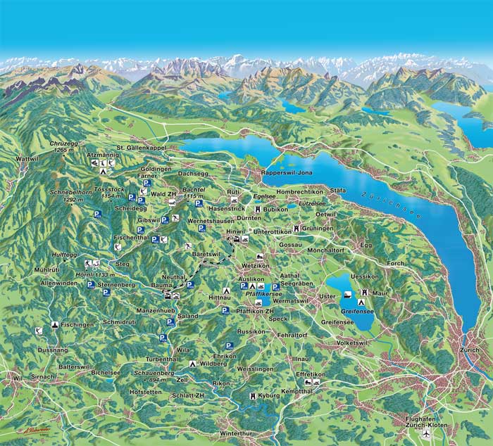 Übersichtskarte der Freizeitbroschüre Tourismus Region Zürcher Oberland (TRZO)